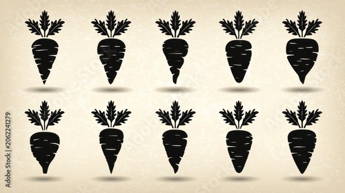 Collection of ten black silhouette icons displaying various shapes and styles of root vegetables with leafy green tops