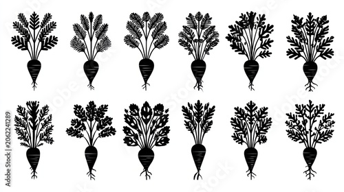 Collection of twelve distinct black and white root vegetable silhouettes with varying leaf designs