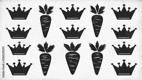 Black silhouette royal symbols and root vegetables are arranged in a repeating pattern on a light background