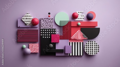 Abstract composition features three dimensional geometric shapes and various surface textures set against a soft background