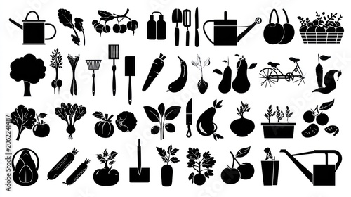 Collection of assorted silhouettes representing gardening tools produce and cultivated plants