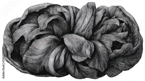 Intricate monochrome rendering depicts the dense, layered structure of a blooming flower.