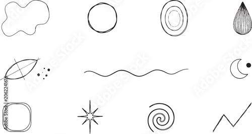 Minimalist abstract shapes and symbols in a hand drawn doodle style including circles waves and geometric forms for and