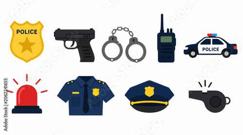 Obraz na plátne Flat Design Police Equipment and Uniform Icons Set.