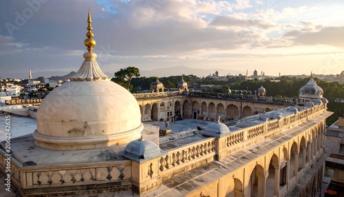 Aerial view of a historic building with domes and arches