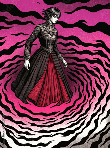 engraving gothic style illustration of woman in 19th century finery in a literal or metaphorical whirlpool