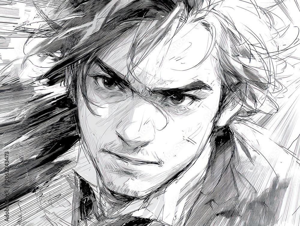 Fototapeta premium Intense Portrait of a Young Man with Windswept Hair in Sketch Style.