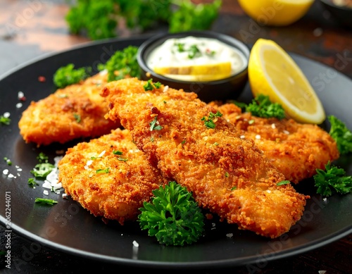 Golden-brown fried fish fillets on a black plate with lemon and herbs