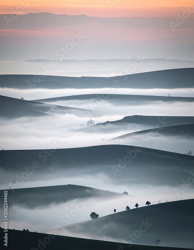 Rolling Hills Landscape with Foggy Valley.