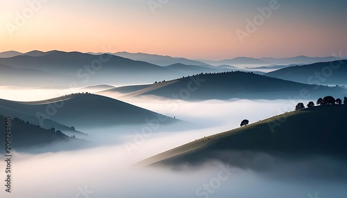 Serene foggy mountain landscape at sunrise.