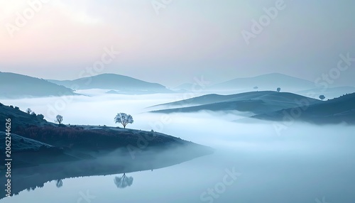 Serene foggy landscape with rolling hills.