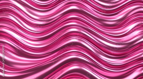 Vibrant pink abstract waves and ribbons with glossy metallic texture.