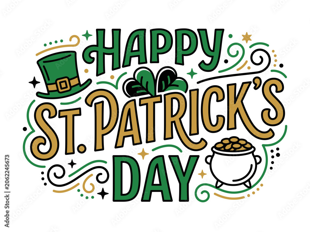 Naklejka premium Happy st patricks day hand drawn lettering with leprechaun hat and pot