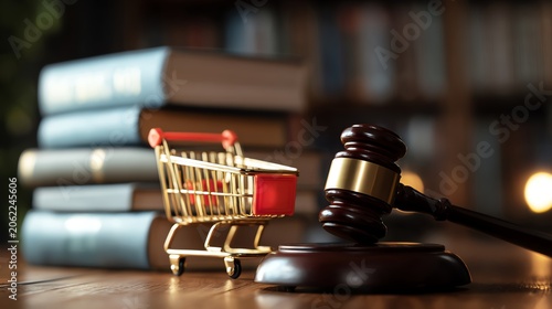 Court gavel with shopping cart and law books.