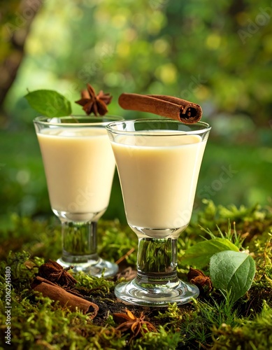 Two glasses of creamy beverage with cinnamon and star anise on moss
