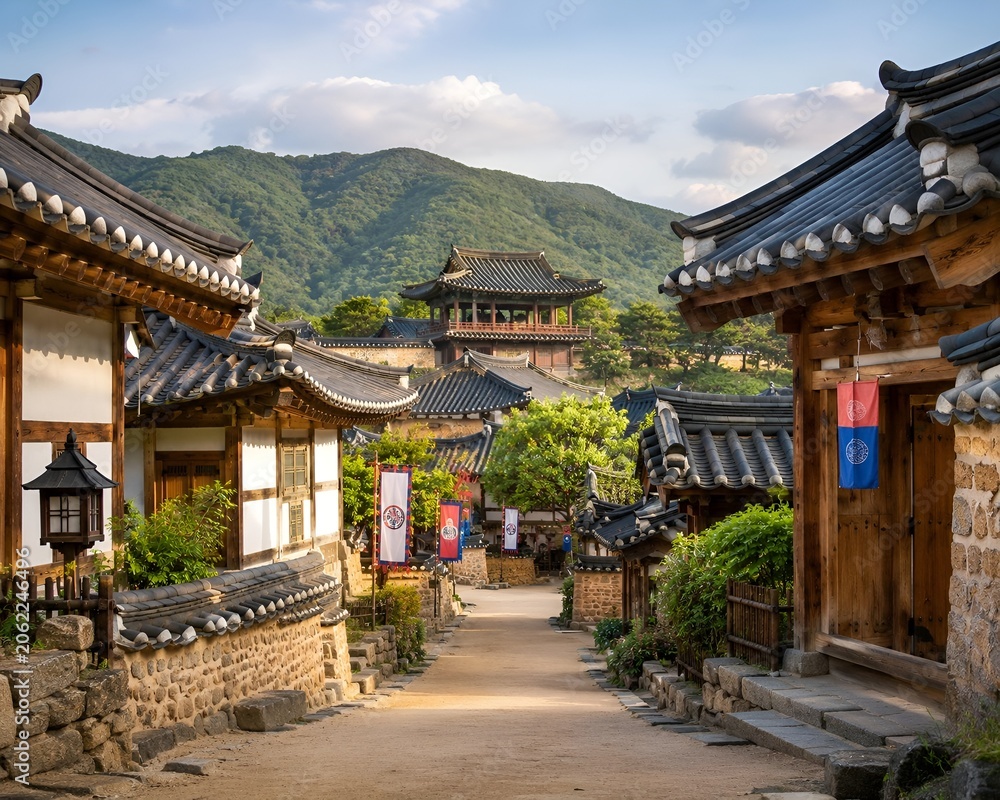 Fototapeta premium Scenic pathway through traditional korean hanok village with old wooden houses and mountains in distance during summer day