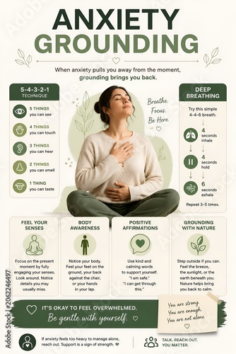 Anxiety grounding techniques informational poster for mental health awareness with calming illustrations and meditation steps