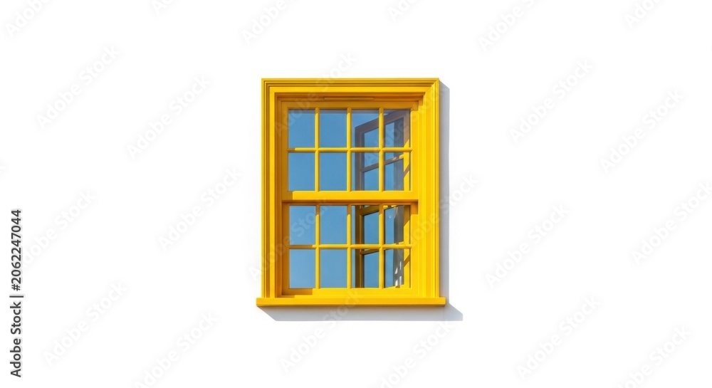 Obraz premium Yellow wooden window frame on white wall.