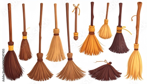 Collection of Witchs Brooms for Halloween Decoration and Celebration.