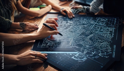 Collaborative Urban Planning - Team Designing City Layout on Interactive Table.