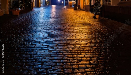 Cobblestone Street at Night - A Symphony of Light and Shadow.