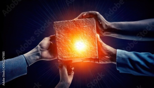Collaborative effort - Hands unite to hold a glowing cube of innovation.