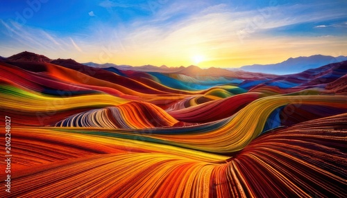 Colorful Abstract Landscape with Rolling Hills and Vibrant Sunset.