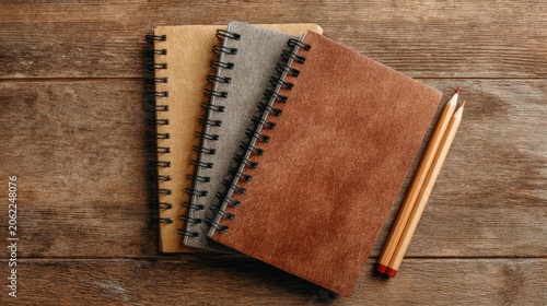 Collection of three spiral notebooks in various colors with a wooden pencil resting on a rustic wooden surface forming a creative workspace composition