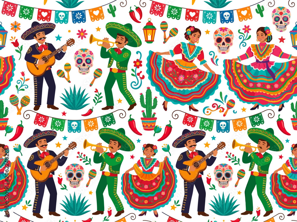 Fototapeta premium Seamless Mexican Celebration Pattern with Mariachi Musicians and Folk Dancers