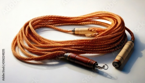 Coiled orange jump rope with wooden handles on white background.