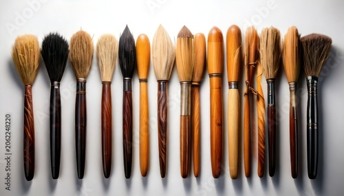 Collection of calligraphy brushes arranged in a row on white background.