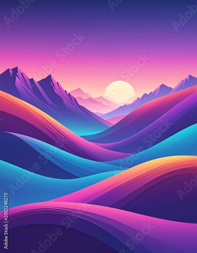 Vibrant, stylized landscape with rolling hills and mountains under a purple-pink gradient sky with a large sun