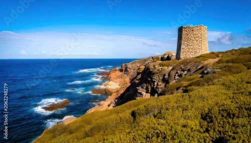 Coastal Tower Sentinel - A Historic Stone Structure Overlooking the Azure Sea.