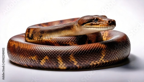 Coiled snake with intricate patterns and textures on white background.