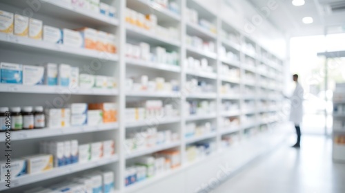 Pharmacist standing behind white shelves filled with various medicine boxes and bottles in pharmacy store blurred background for medical and healthcare industry concepts