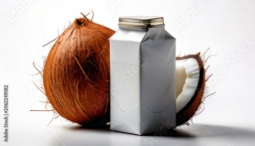 Coconut milk carton with whole and halved coconuts on white.