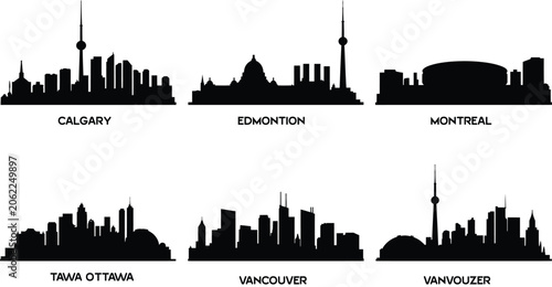 Silhouettes of major canadian city skylines at night