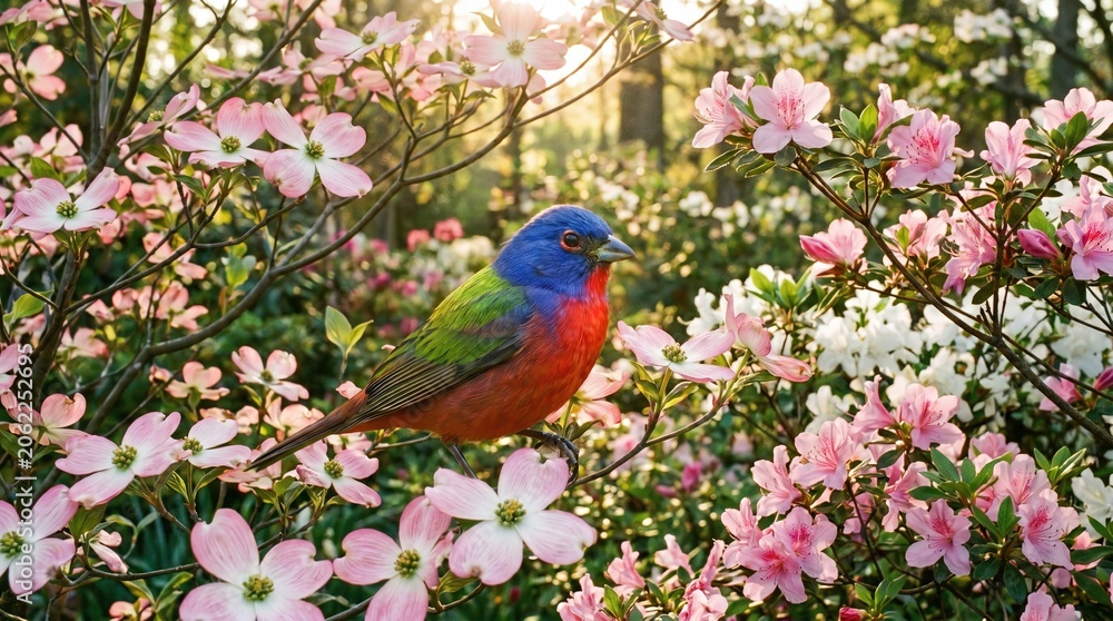 Obraz premium Colorful Bunting Perched Amidst Blooming Flowers