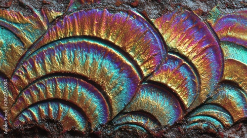 Intricate overlapping textured scales exhibit vibrant iridescent metallic coloration