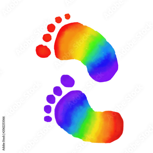abstract watercolor rainbow footprints, foot shape isolated on transparent png background 