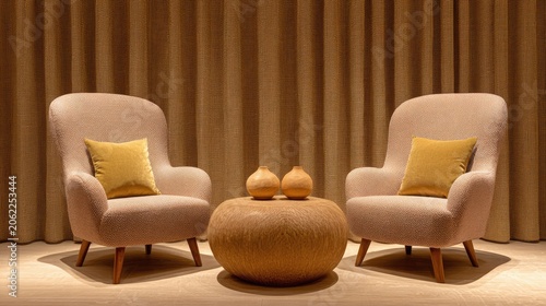 Cozy modern living room with stylish armchairs and a round coffee table in warm tones against a textured curtain backdrop for interior design inspiration