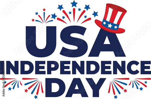 Konstfotografi Usa independence day typography with patriotic uncle sam hat and fireworks