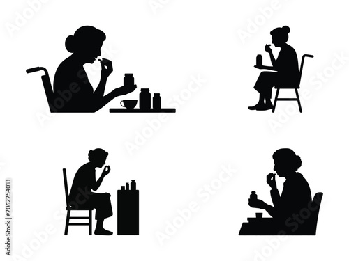 Elderly Women Taking Medication Silhouettes