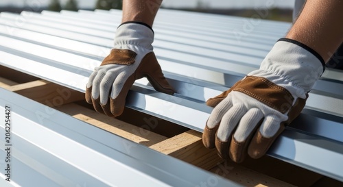 Worker installing metal roof sheets on wooden frame