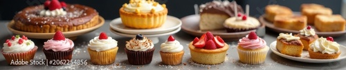 A table laden with assorted baked goods; cake, pie, cupcakes, tarts, and cake pops , celebration, wedding, tarts