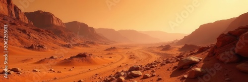Dusty red Martian surface, vast expanse of rocks and canyons, environment, cosmos, rover