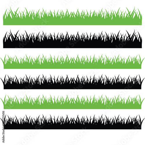 Green Grass and Black Silhouette Borders Vector Set, Seamless Tuft Turf Elements, Isolated Lawn Tufts Horizontal Graphic Collection