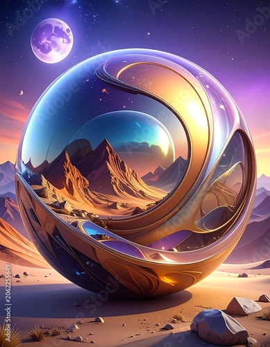 A surreal desert landscape through a reflective metallic orb under a purple-hued moonlit sky