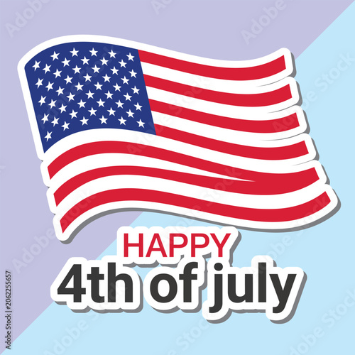 Happy 4th of July Sticker Vector, Waving American US Flag Patriotic Illustration, Independence Day Graphic Decal on Split Pastel Background