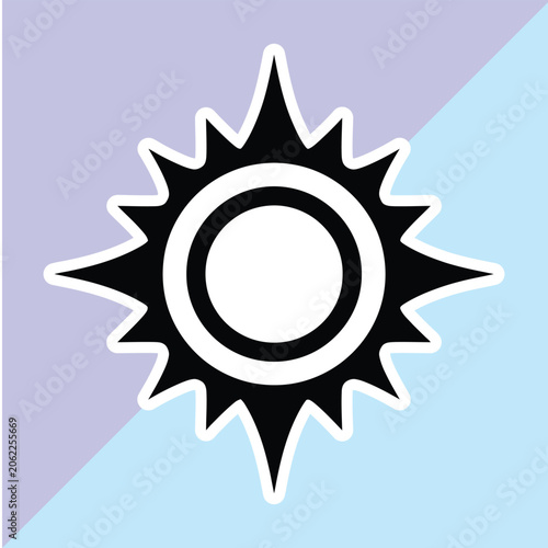 Black Sunburst Sticker Vector, Minimalist Tribal Sun Icon with Sharp Rays, Celestial Astrology Die Cut Decal on Split Pastel Background